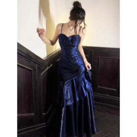 2025 Elegant Romantic Party Women's Spaghetti Strap Dress Female Blue Ruffles Slim Fit Mermaid Dresses Chic Banquet Formal Gown