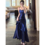 2025 Elegant Romantic Party Women's Spaghetti Strap Dress Female Blue Ruffles Slim Fit Mermaid Dresses Chic Banquet Formal Gown