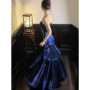 2025 Elegant Romantic Party Women's Spaghetti Strap Dress Female Blue Ruffles Slim Fit Mermaid Dresses Chic Banquet Formal Gown