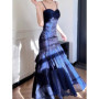 2025 Elegant Romantic Party Women's Spaghetti Strap Dress Female Blue Ruffles Slim Fit Mermaid Dresses Chic Banquet Formal Gown