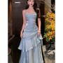 2025 Elegant Romantic Party Women's Spaghetti Strap Dress Female Blue Ruffles Slim Fit Mermaid Dresses Chic Banquet Formal Gown