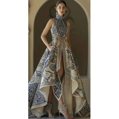 European Elegant Party Evening Formal Dress for Women's Low High Hem Pockets Floral Printed Wedding Guest Sleeveless Long Dress