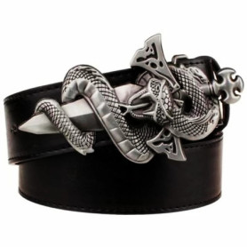 Silver Sword Serpent Leather Belt Knife Snake Totem Metal Buckle Wild Street Dance Hip Hop Costume Gift For Men