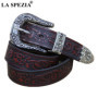 LA SPEZIA Real Leather Belt Men High Quality Camel Pin Belt Male Retro Designer Brand Cowhide Genuine Leather Carving Belt 130cm