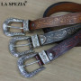 LA SPEZIA Real Leather Belt Men High Quality Camel Pin Belt Male Retro Designer Brand Cowhide Genuine Leather Carving Belt 130cm