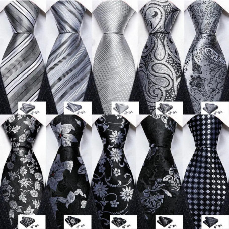 Designer Ties for Men Gray Black Silver White Solid Striped Paisley Plaid Floral Neck Tie Pocket Square Cufflinks Set Barry·Wang