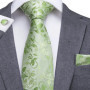 Hi-Tie Men Tie Grass Green Ties Floral Necktie Boutonniere Handkerchief Cufflinks Set Wedding Cravat for Groom 8.5 cm