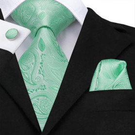 Hi-Tie Men Tie Grass Green Ties Floral Necktie Boutonniere Handkerchief Cufflinks Set Wedding Cravat for Groom 8.5 cm