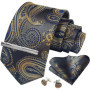 Mens Tie Set Silk Silver Paisley Floral Necktie and Pocket Square Cufflinks Tie Clip Classic Formal Ties for Men Wedding Party