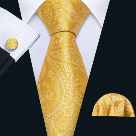 Fashion Silk Men Tie Set Gold Yellow Orange Solid Paisley Striped Plaid Floral Necktie Pocket Square Cufflinks Wedding Business