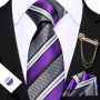 Barry.Wang Striped Teal Yellow Orange Purple Tie Men Ties Pocket Sqaure Brooch Cufflinks Set Necktie Casual Wedding Gift