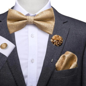 Hi-Tie Luxury Gold Silk Bow Ties for Men Fashion Men's Yellow Bowtie Handkerchief Cufflinks Brooch Set butterfly Wedding Set