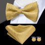 Hi-Tie Luxury Gold Silk Bow Ties for Men Fashion Men's Yellow Bowtie Handkerchief Cufflinks Brooch Set butterfly Wedding Set
