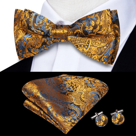 Hi-Tie Orange Tangerine Silk Mens Bow Tie Hankerchief Cufflinks Set Pre-tied Butterfly Knot Bowtie for Male Wedding Business