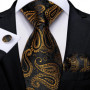 Luxury Black Gold Paisley Striped Floral Silk Men's Tie Set Handkerchief Cufflinks Wedding Party Accessories Groom Gift for Men