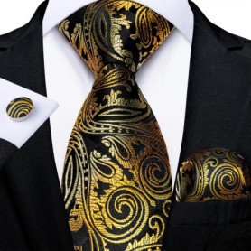 Luxury Black Gold Paisley Striped Floral Silk Men's Tie Set Handkerchief Cufflinks Wedding Party Accessories Groom Gift for Men