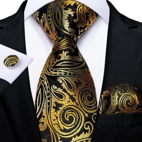 Luxury Black Gold Paisley Striped Floral Silk Men's Tie Set Handkerchief Cufflinks Wedding Party Accessories Groom Gift for Men