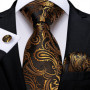Luxury Black Gold Paisley Striped Floral Silk Men's Tie Set Handkerchief Cufflinks Wedding Party Accessories Groom Gift for Men