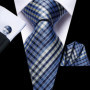 Hi-Tie Mens Gift Tie Set Blue Solid Striped Silk Wedding Tie For Men Fashion Design Quality Tie Hanky Cufflink Set Dropshipping