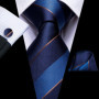 Hi-Tie Mens Gift Tie Set Blue Solid Striped Silk Wedding Tie For Men Fashion Design Quality Tie Hanky Cufflink Set Dropshipping
