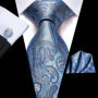 Hi-Tie Mens Gift Tie Set Blue Solid Striped Silk Wedding Tie For Men Fashion Design Quality Tie Hanky Cufflink Set Dropshipping