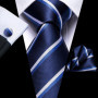 Hi-Tie Mens Gift Tie Set Blue Solid Striped Silk Wedding Tie For Men Fashion Design Quality Tie Hanky Cufflink Set Dropshipping
