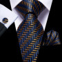 Hi-Tie Mens Gift Tie Set Blue Solid Striped Silk Wedding Tie For Men Fashion Design Quality Tie Hanky Cufflink Set Dropshipping