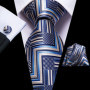 Hi-Tie Mens Gift Tie Set Blue Solid Striped Silk Wedding Tie For Men Fashion Design Quality Tie Hanky Cufflink Set Dropshipping