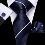Hi-Tie Mens Gift Tie Set Blue Solid Striped Silk Wedding Tie For Men Fashion Design Quality Tie Hanky Cufflink Set Dropshipping