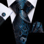 Hi-Tie Mens Gift Tie Set Blue Solid Striped Silk Wedding Tie For Men Fashion Design Quality Tie Hanky Cufflink Set Dropshipping