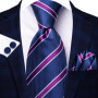 Hi-Tie Mens Gift Tie Set Blue Solid Striped Silk Wedding Tie For Men Fashion Design Quality Tie Hanky Cufflink Set Dropshipping