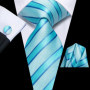 Hi-Tie Mens Gift Tie Set Blue Solid Striped Silk Wedding Tie For Men Fashion Design Quality Tie Hanky Cufflink Set Dropshipping