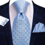 Hi-Tie Mens Gift Tie Set Blue Solid Striped Silk Wedding Tie For Men Fashion Design Quality Tie Hanky Cufflink Set Dropshipping