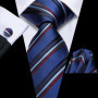 Hi-Tie Mens Gift Tie Set Blue Solid Striped Silk Wedding Tie For Men Fashion Design Quality Tie Hanky Cufflink Set Dropshipping