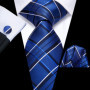 Hi-Tie Mens Gift Tie Set Blue Solid Striped Silk Wedding Tie For Men Fashion Design Quality Tie Hanky Cufflink Set Dropshipping