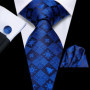 Hi-Tie Mens Gift Tie Set Blue Solid Striped Silk Wedding Tie For Men Fashion Design Quality Tie Hanky Cufflink Set Dropshipping