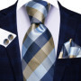 Hi-Tie Mens Gift Tie Set Blue Solid Striped Silk Wedding Tie For Men Fashion Design Quality Tie Hanky Cufflink Set Dropshipping