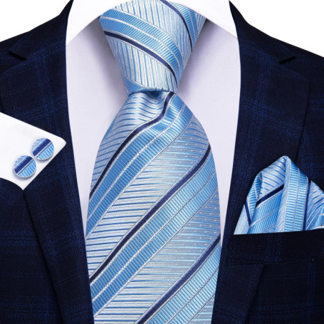 Hi-Tie Mens Gift Tie Set Blue Solid Striped Silk Wedding Tie For Men Fashion Design Quality Tie Hanky Cufflink Set Dropshipping