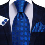 Hi-Tie Mens Gift Tie Set Blue Solid Striped Silk Wedding Tie For Men Fashion Design Quality Tie Hanky Cufflink Set Dropshipping