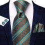 Hi-Tie Mens Gift Tie Set Green Solid Striped Silk Wedding Tie For Men Fashion Design Quality Tie Hanky Cufflink Set Dropshipping