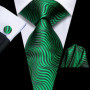 Hi-Tie Mens Gift Tie Set Green Solid Striped Silk Wedding Tie For Men Fashion Design Quality Tie Hanky Cufflink Set Dropshipping