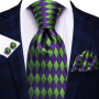 Hi-Tie Mens Gift Tie Set Green Solid Striped Silk Wedding Tie For Men Fashion Design Quality Tie Hanky Cufflink Set Dropshipping