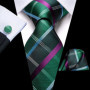 Hi-Tie Mens Gift Tie Set Green Solid Striped Silk Wedding Tie For Men Fashion Design Quality Tie Hanky Cufflink Set Dropshipping