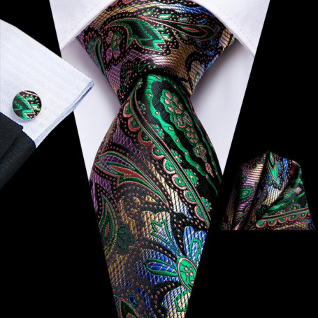 Hi-Tie Mens Gift Tie Set Green Solid Striped Silk Wedding Tie For Men Fashion Design Quality Tie Hanky Cufflink Set Dropshipping