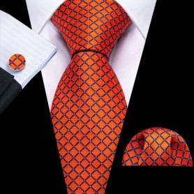 Novelty Orange Plaid Men Tie Set Fashion Silk Handkerchief Cufflinks Necktie Groom Wedding Party Birthday Barry.Wang Designer