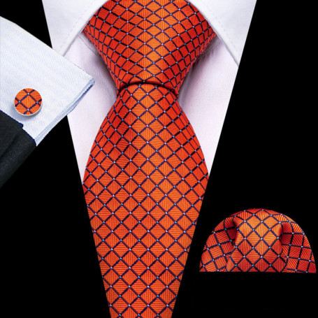Novelty Orange Plaid Men Tie Set Fashion Silk Handkerchief Cufflinks Necktie Groom Wedding Party Birthday Barry.Wang Designer