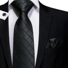 Black Solid Plaid Silk Wedding Tie For Men Handky Cufflink Gift Mens Necktie Fashion Design Business Party Dropshiping Hi-Tie