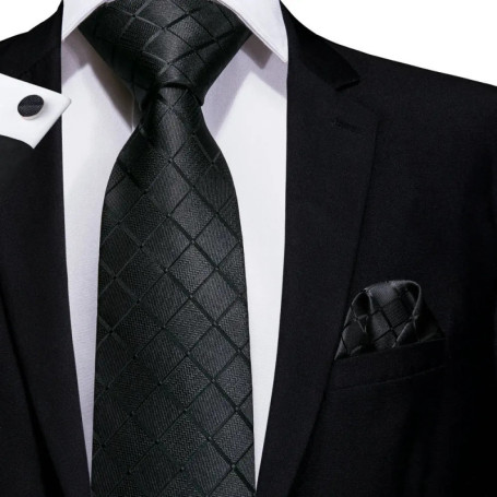Black Solid Plaid Silk Wedding Tie For Men Handky Cufflink Gift Mens Necktie Fashion Design Business Party Dropshiping Hi-Tie