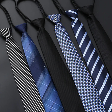 8CM Men's Business Dress Zipper Tie Groom Wedding Blue Stripe Korean Black Lazy Tie Pull