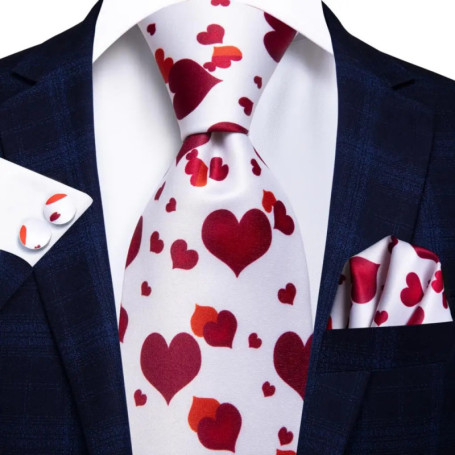 Red Heart White Silk Wedding Tie For Men Handky Cufflink Gift Mens Necktie Fashion Designer Business Party Dropshiping Hi-Tie